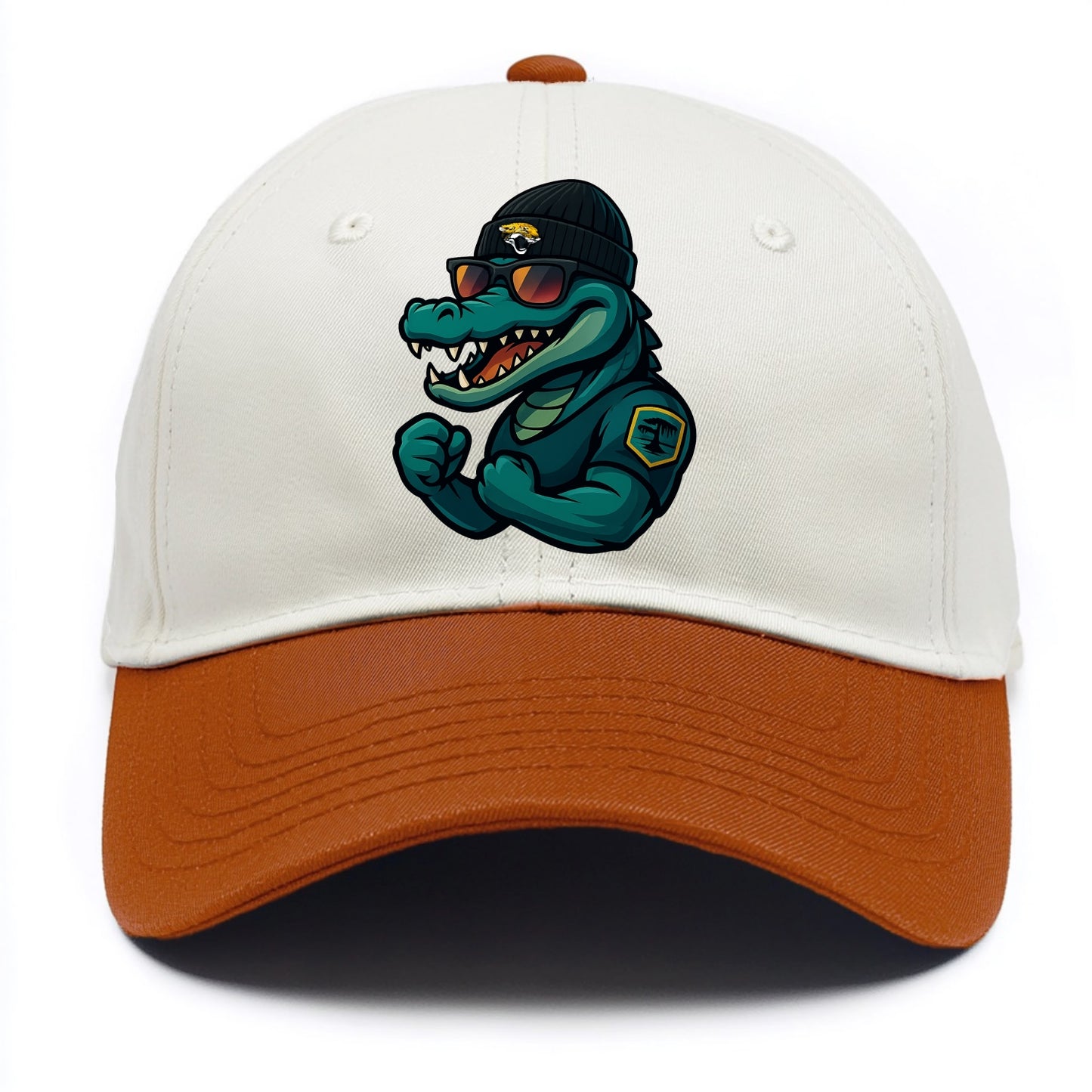 Jacksonville Alligator wearing Jaguars beanie with swamp patch and wayfarer - Two Tone Cap - Orange