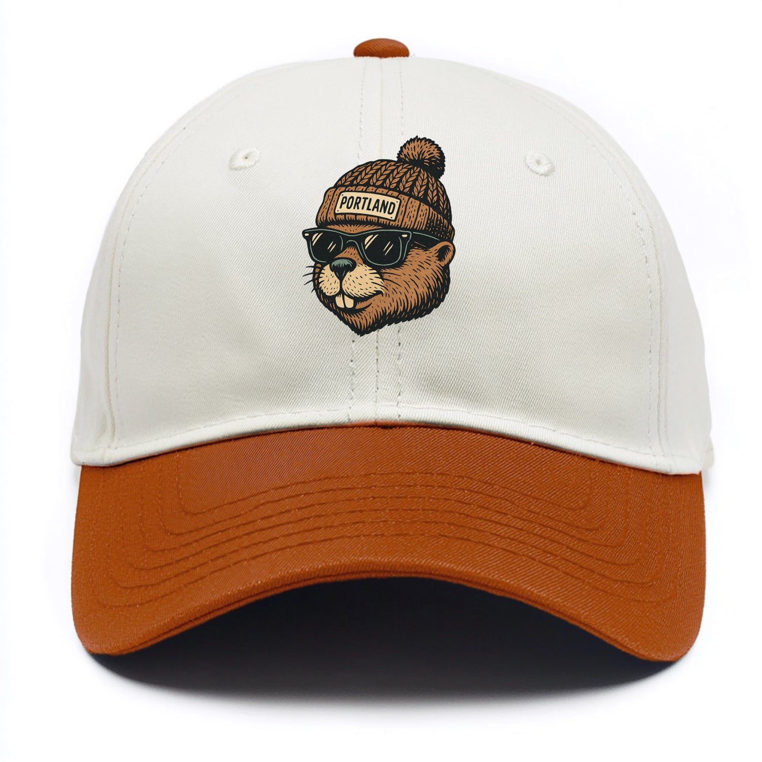 Portland Beaver wearing Portland beanie with pom pom and wayfarer sunglasses - Two Tone Cap - Orange