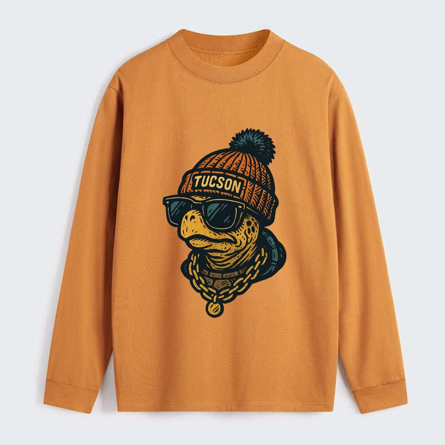 Tucson Desert Tortoise wearing Tucson beanie with pom pom and wayfarer - Classic Long Sleeve Shirt - Orange