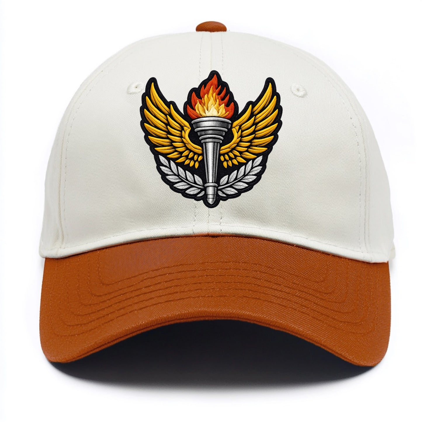 Embroidered patch design - TRACK AND FIELD TORCH - Olympic style torch with wings in - Two Tone Cap - Orange