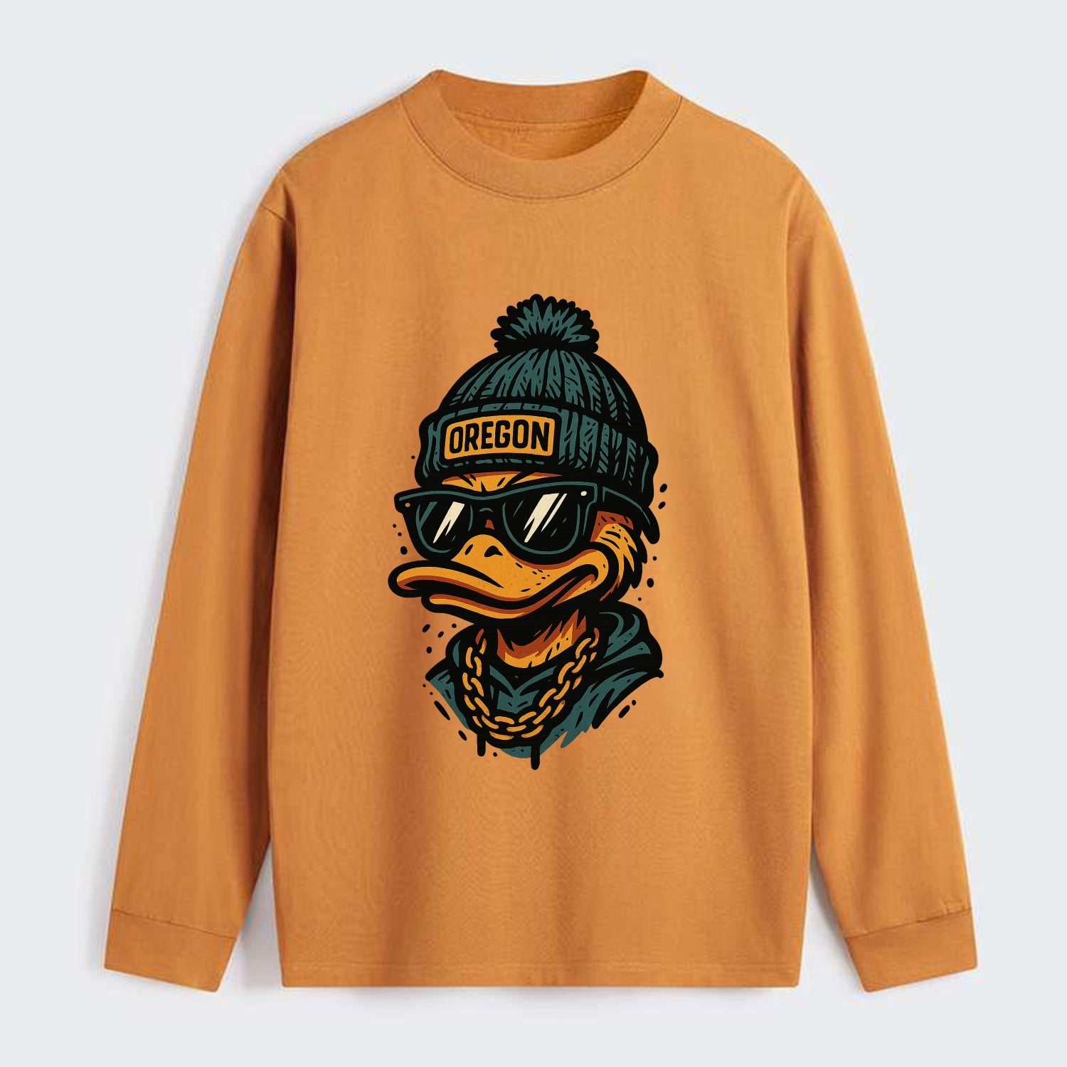 Eugene Duck wearing Oregon beanie with p - Classic Long Sleeve Shirt - Orange