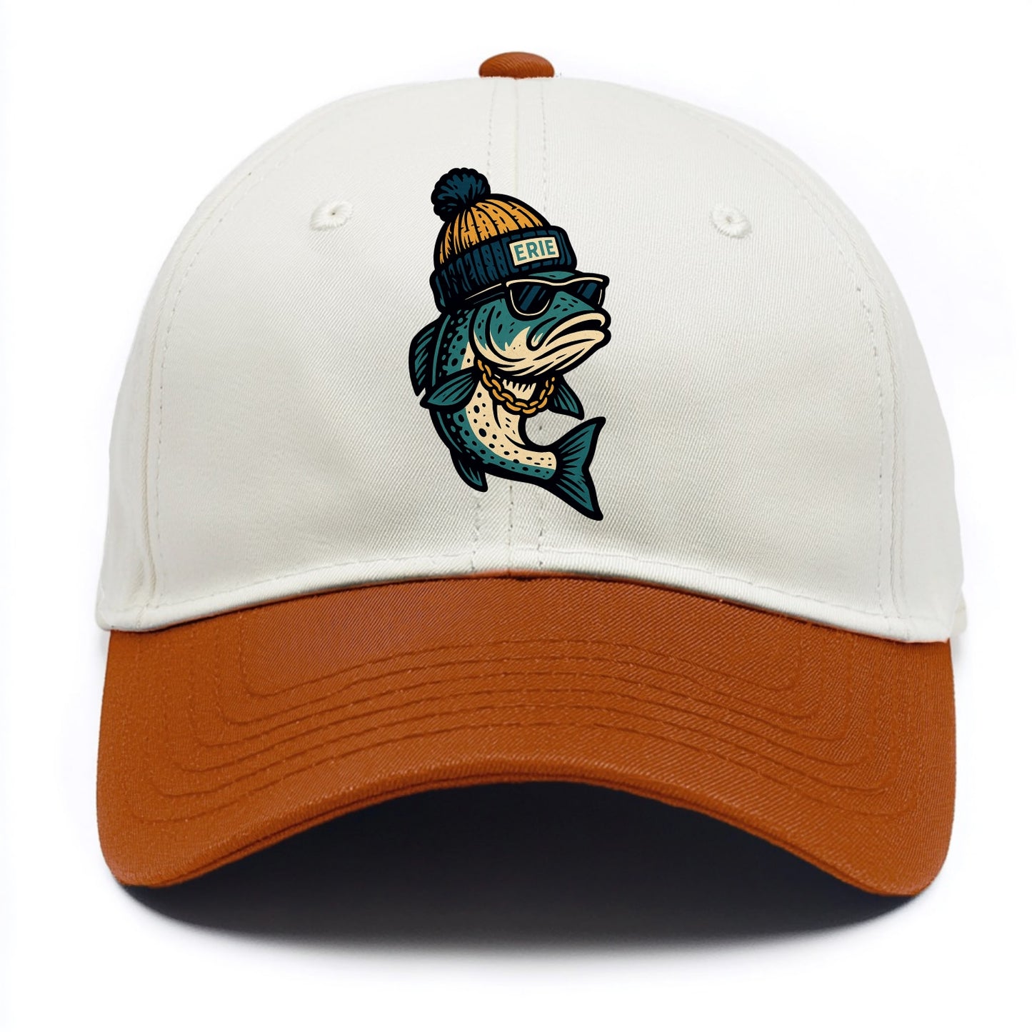 Erie Lake Trout wearing Erie beanie with - Two Tone Cap - Orange