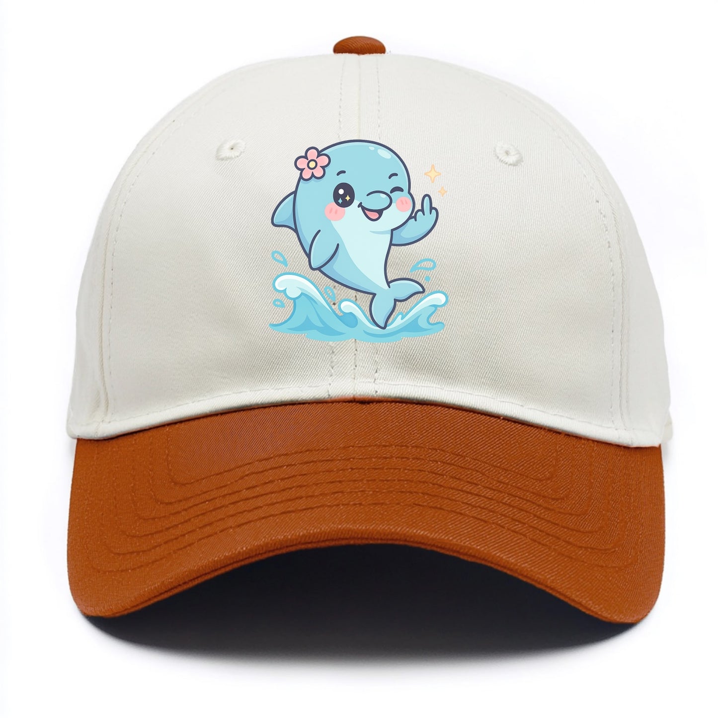 smiling dolphin jumping through ocean waves, one fin up with attitude - Two Tone Cap - Orange