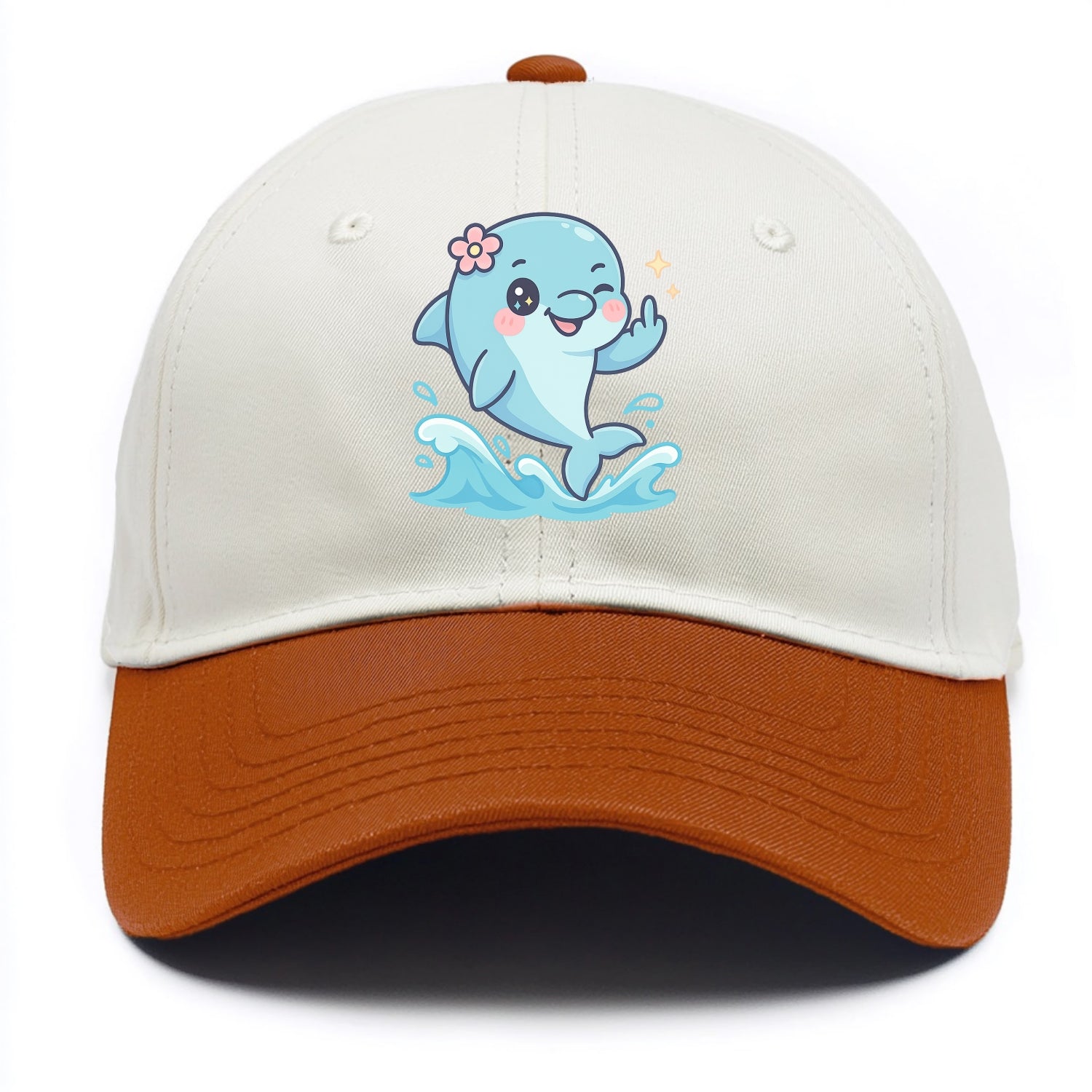 smiling dolphin jumping through ocean waves, one fin up with attitude - Two Tone Cap - Orange