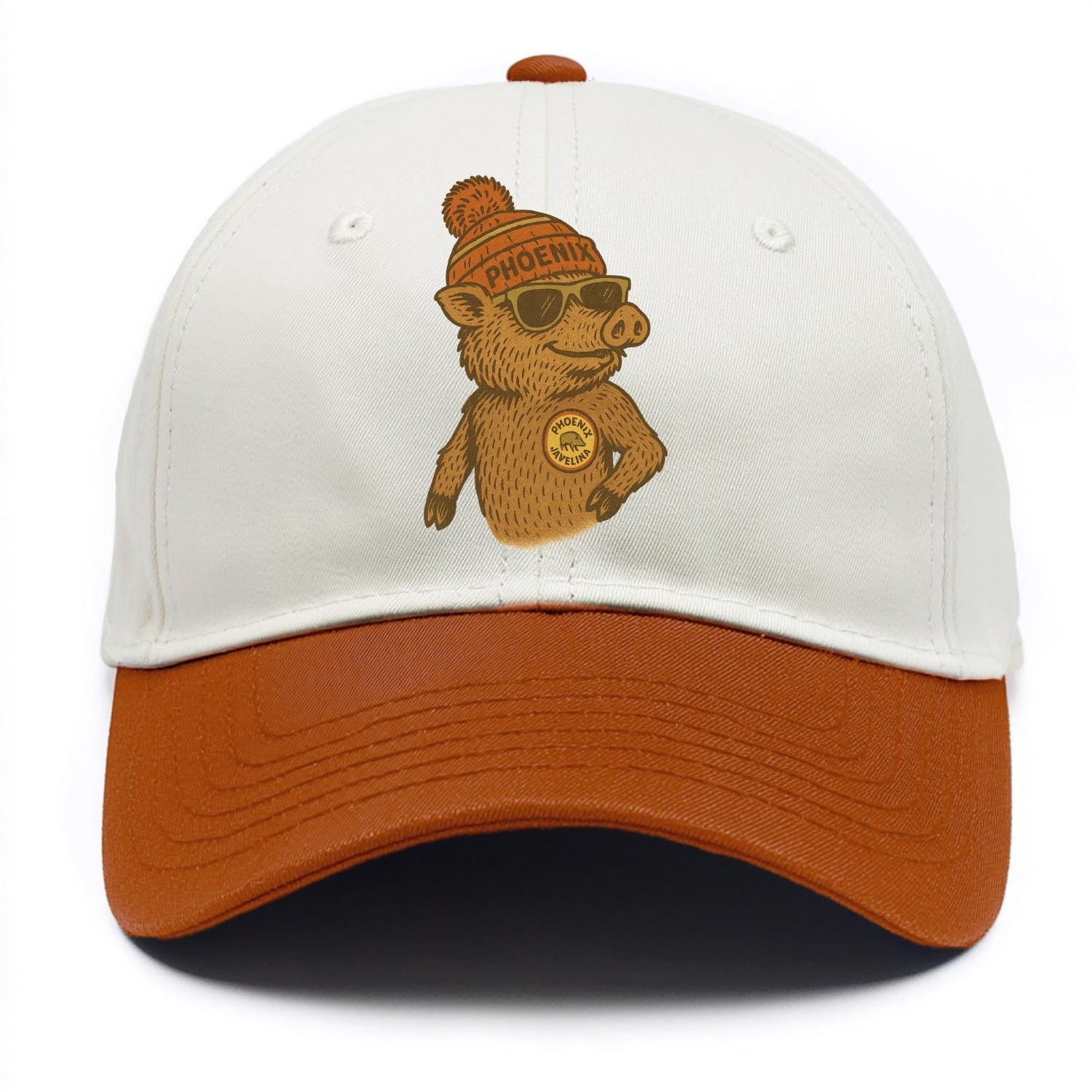 Phoenix Javelina wearing Phoenix beanie with pom pom and wayfarer sunglasses - Two Tone Cap - Orange