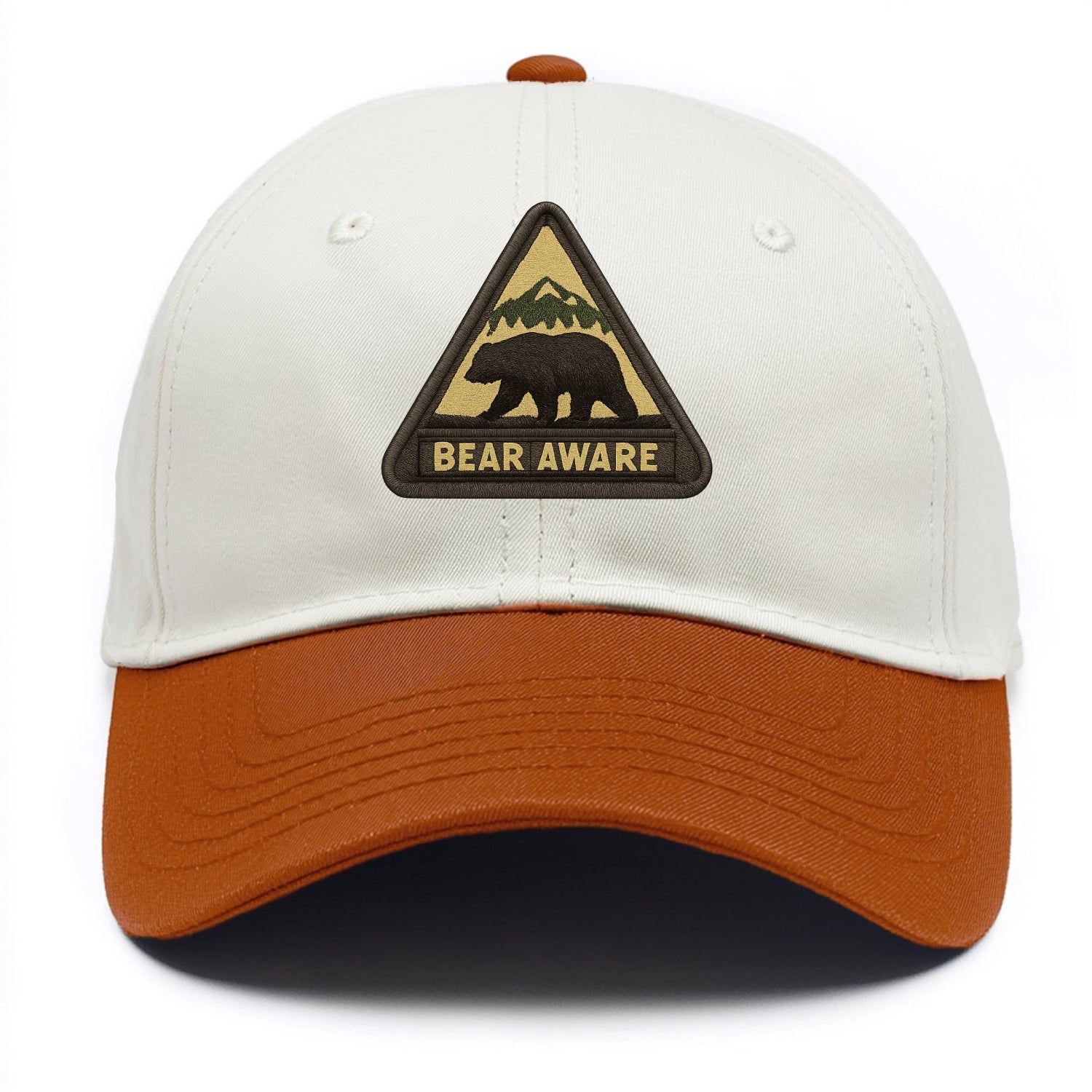 BEAR AWARE - bear silhouette warning in brown and yellow , wilderness safety - Two Tone Cap - Orange