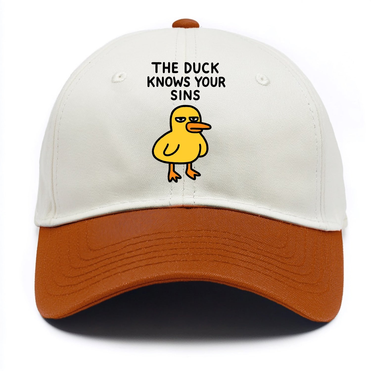 THE DUCK KNOWS YOUR SINS | Yellow duck with judgmental stare - Two Tone Cap - Orange