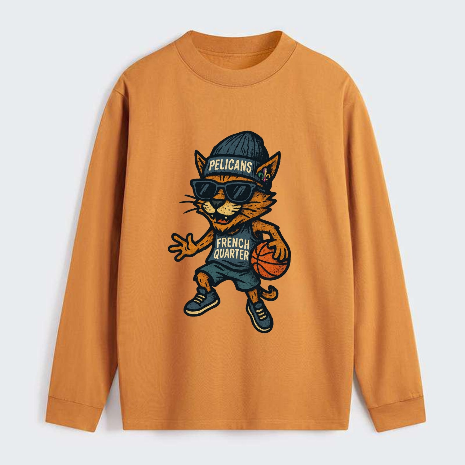 French Quarter Cat wearing Pelicans beanie with Mardi Gras patch and - Classic Long Sleeve Shirt - Orange