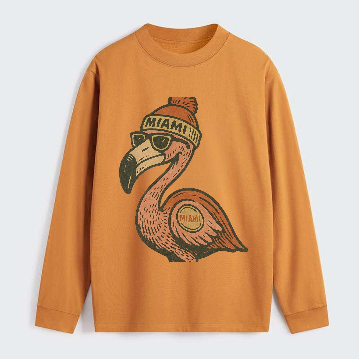 Miami Flamingo wearing Miami beanie with pom pom and wayfarer sunglasses - Classic Long Sleeve Shirt - Orange