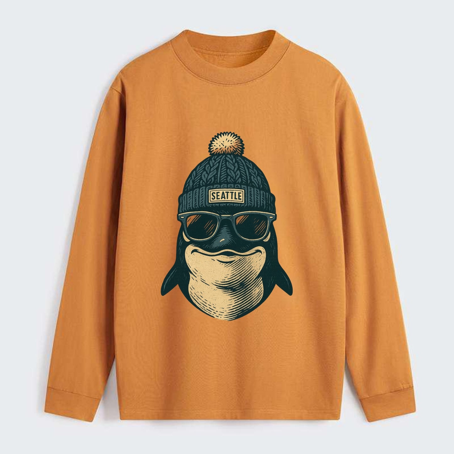 Washington Orca wearing Seattle beanie with pom pom and wayfarer - Classic Long Sleeve Shirt - Orange