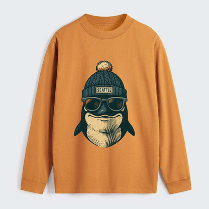 Washington Orca wearing Seattle beanie with pom pom and wayfarer - Classic Long Sleeve Shirt - Orange