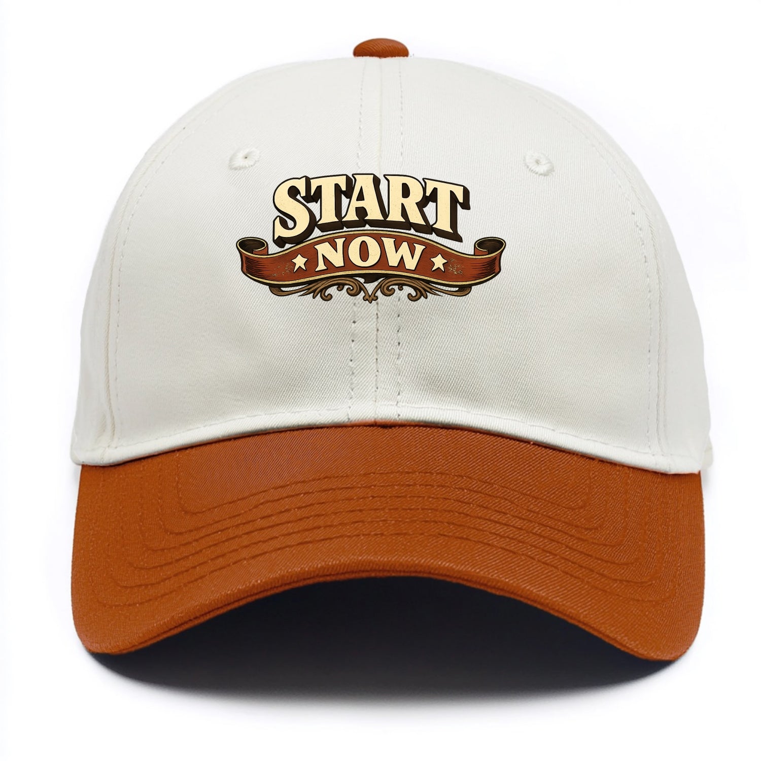 Bold typography design - "START NOW" - begin immediately, no delay - Two Tone Cap - Orange