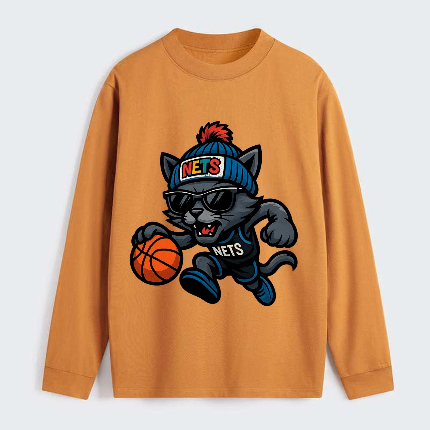 Brooklyn Cat wearing Nets beanie with street art patch and wayfarer - Classic Long Sleeve Shirt - Orange