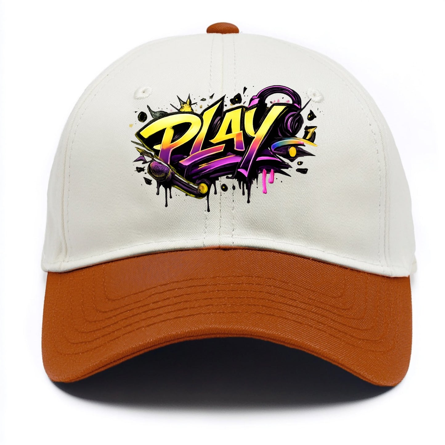 Bold typography design - "PLAY" - creative expression, musical performance - Two Tone Cap - Orange