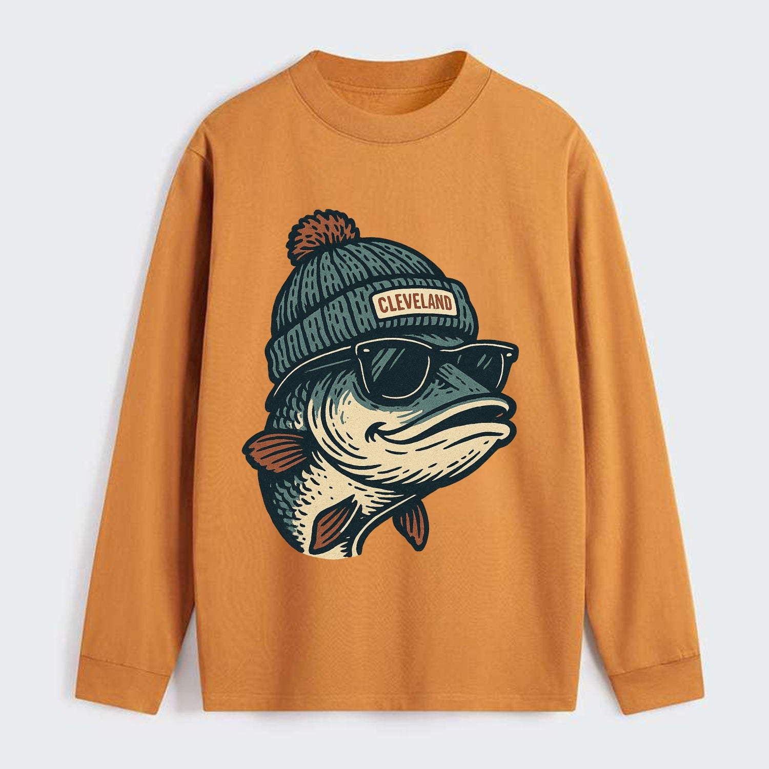 Cleveland Lake Erie Walleye wearing Cleveland beanie with pom pom and - Classic Long Sleeve Shirt - Orange