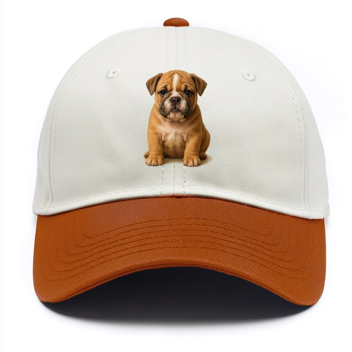 Baby Bulldog Puppy - wrinkly face, underbite, stocky body, gentle eyes, - Two Tone Cap - Orange
