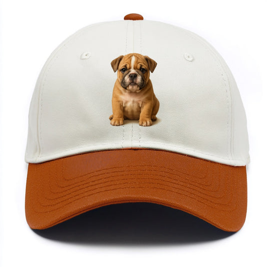 Baby Bulldog Puppy - wrinkly face, underbite, stocky body, gentle eyes, - Two Tone Cap - Orange