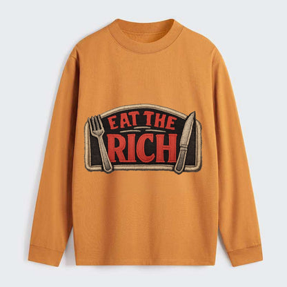EAT THE RICH - fork and knife with text in red and silver , class war - Classic Long Sleeve Shirt - Orange