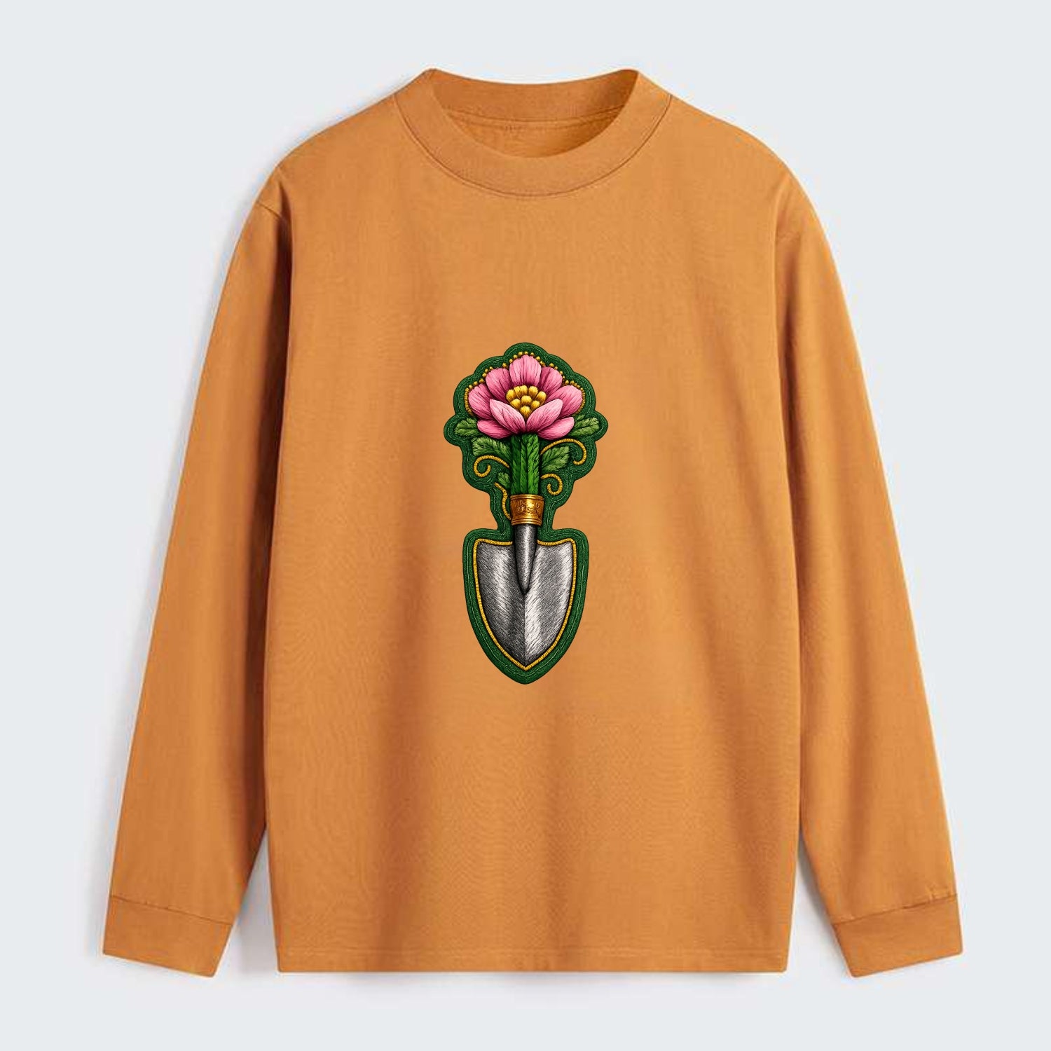 Embroidered patch design - GARDENING TROWEL FLOWER - garden tool with - Classic Long Sleeve Shirt - Orange