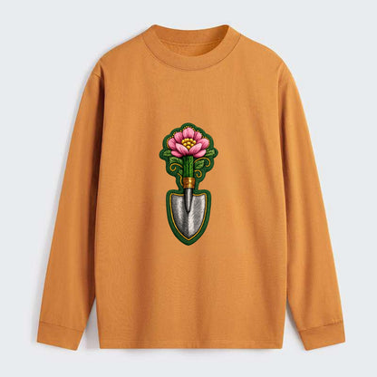 Embroidered patch design - GARDENING TROWEL FLOWER - garden tool with - Classic Long Sleeve Shirt - Orange