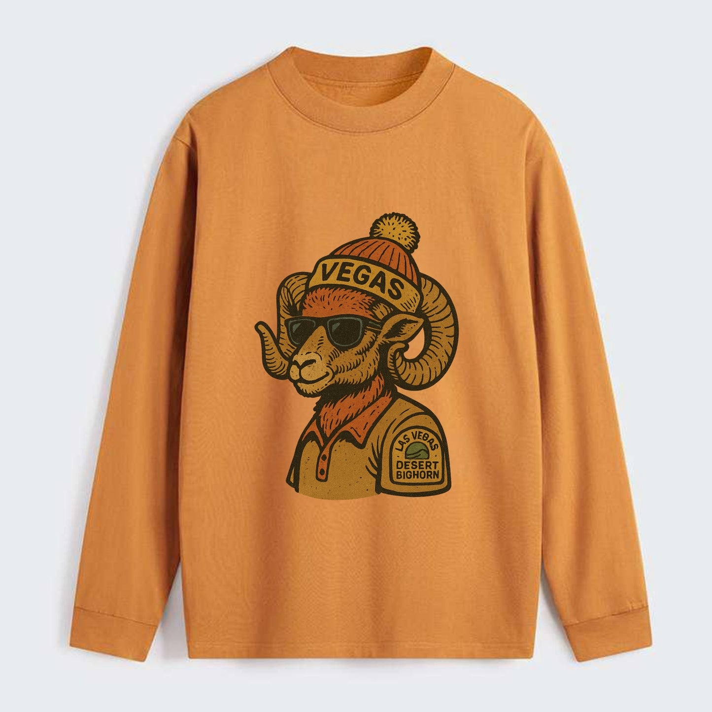 Las Vegas Desert Bighorn wearing Vegas beanie with pom pom and wayfarer - Classic Long Sleeve Shirt - Orange