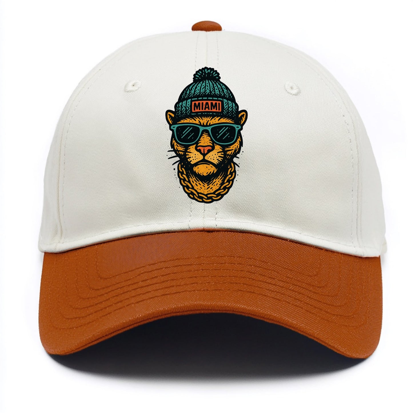 Florida Panther wearing Miami beanie with pom pom and wayfarer sunglasses - Two Tone Cap - Orange