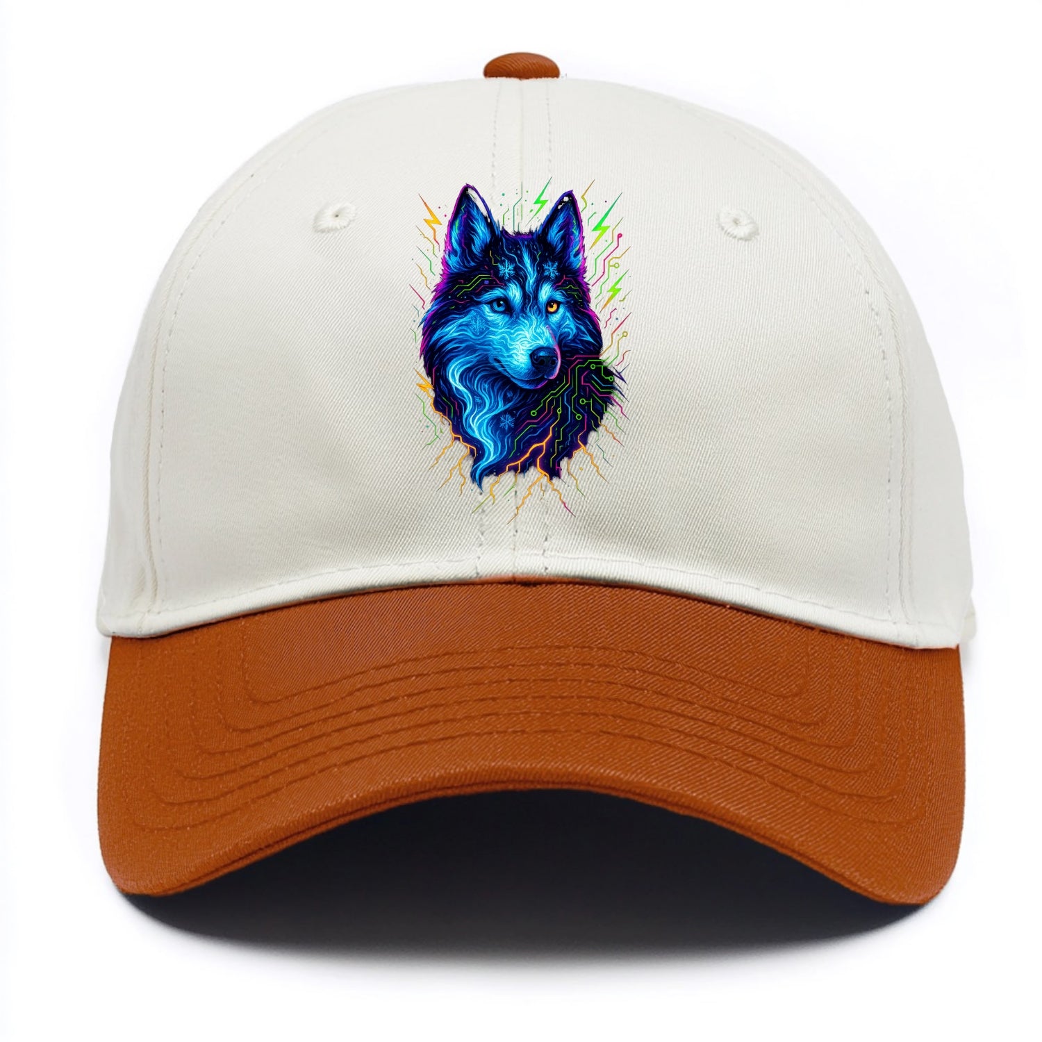 Siberian husky with ice-crystal flowing patterns, electric blue and white swirls, - Two Tone Cap - Orange