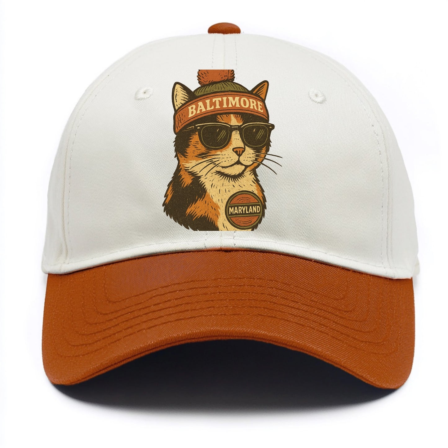Maryland Calico Cat wearing Baltimore beanie with pom pom and wayfarer sunglasses - Two Tone Cap - Orange