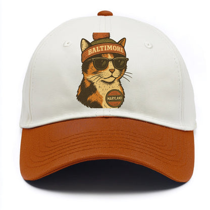 Maryland Calico Cat wearing Baltimore beanie with pom pom and wayfarer sunglasses - Two Tone Cap - Orange