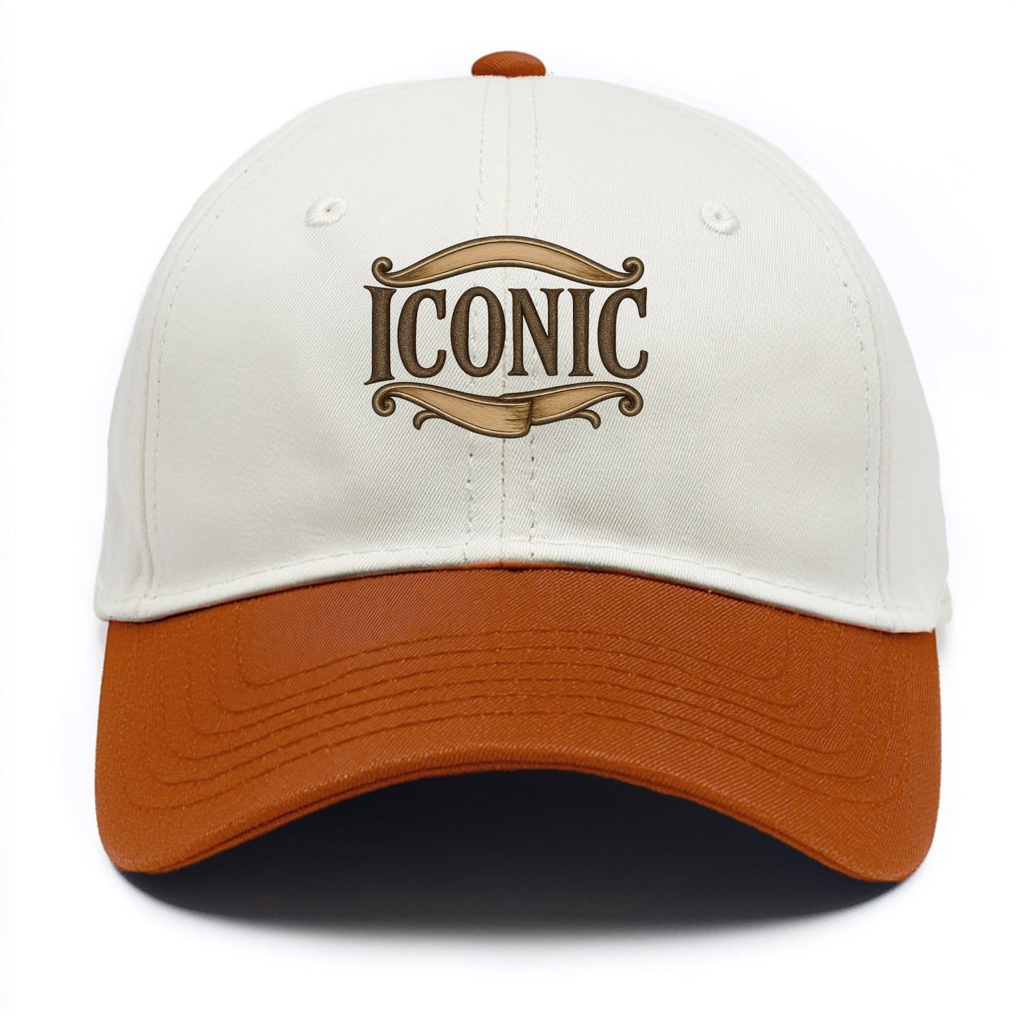 Bold typography design - "ICONIC" - instantly recognizable, trendsetter - Two Tone Cap - Orange