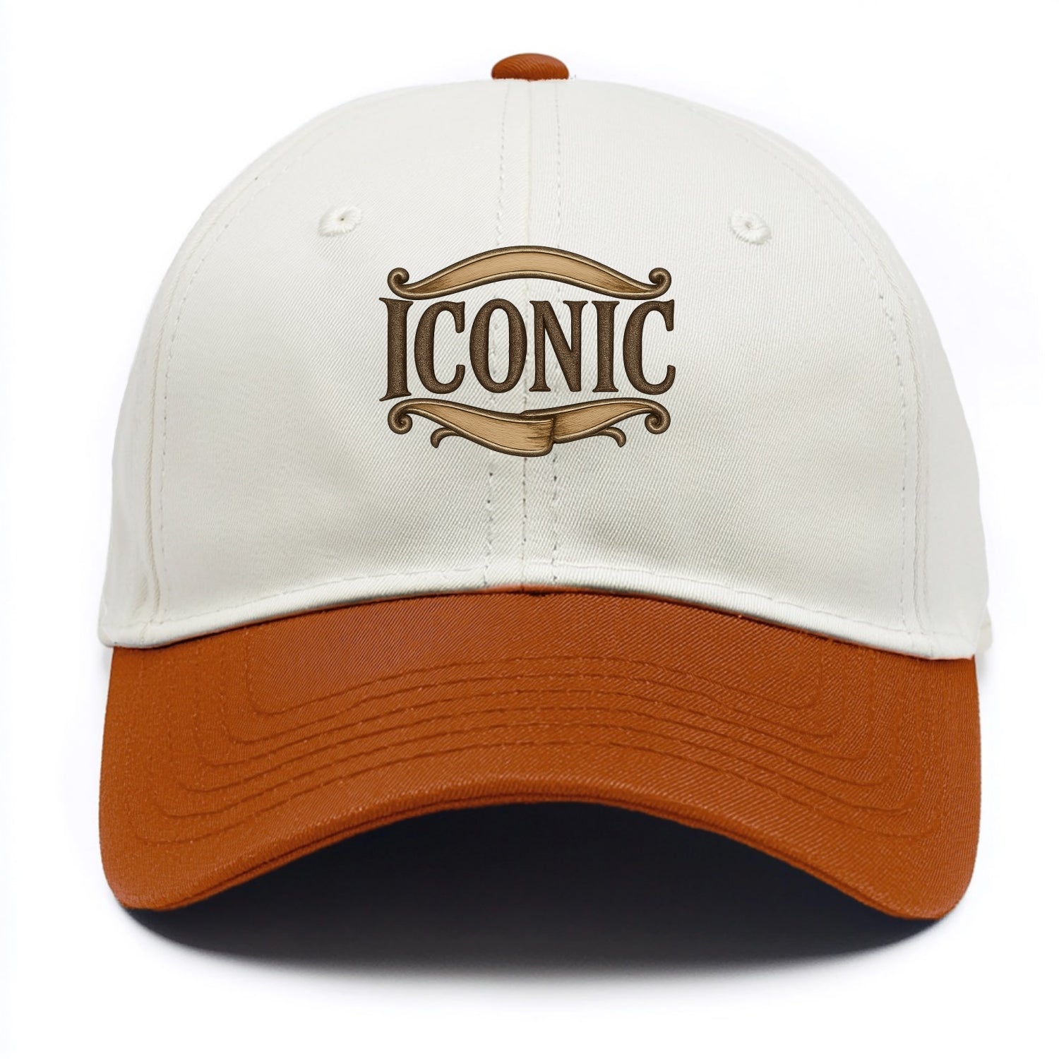 Bold typography design - "ICONIC" - instantly recognizable, trendsetter - Two Tone Cap - Orange
