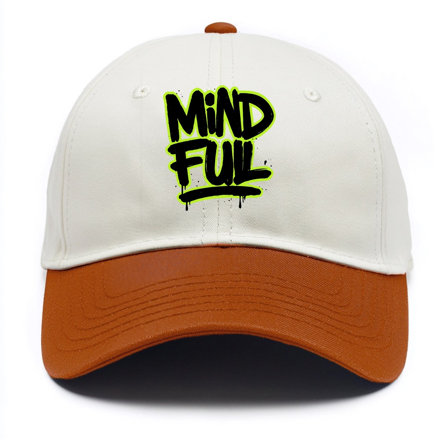 Bold typography design - "MINDFUL" - present awareness, conscious living - Two Tone Cap - Orange