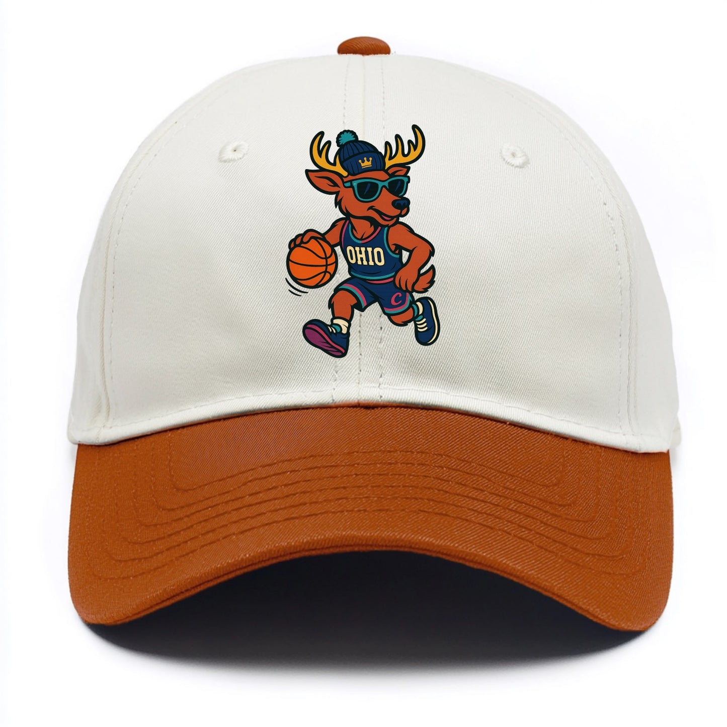 Ohio Deer wearing Cavs beanie with crown patch and wayfarer sunglasses - Two Tone Cap - Orange