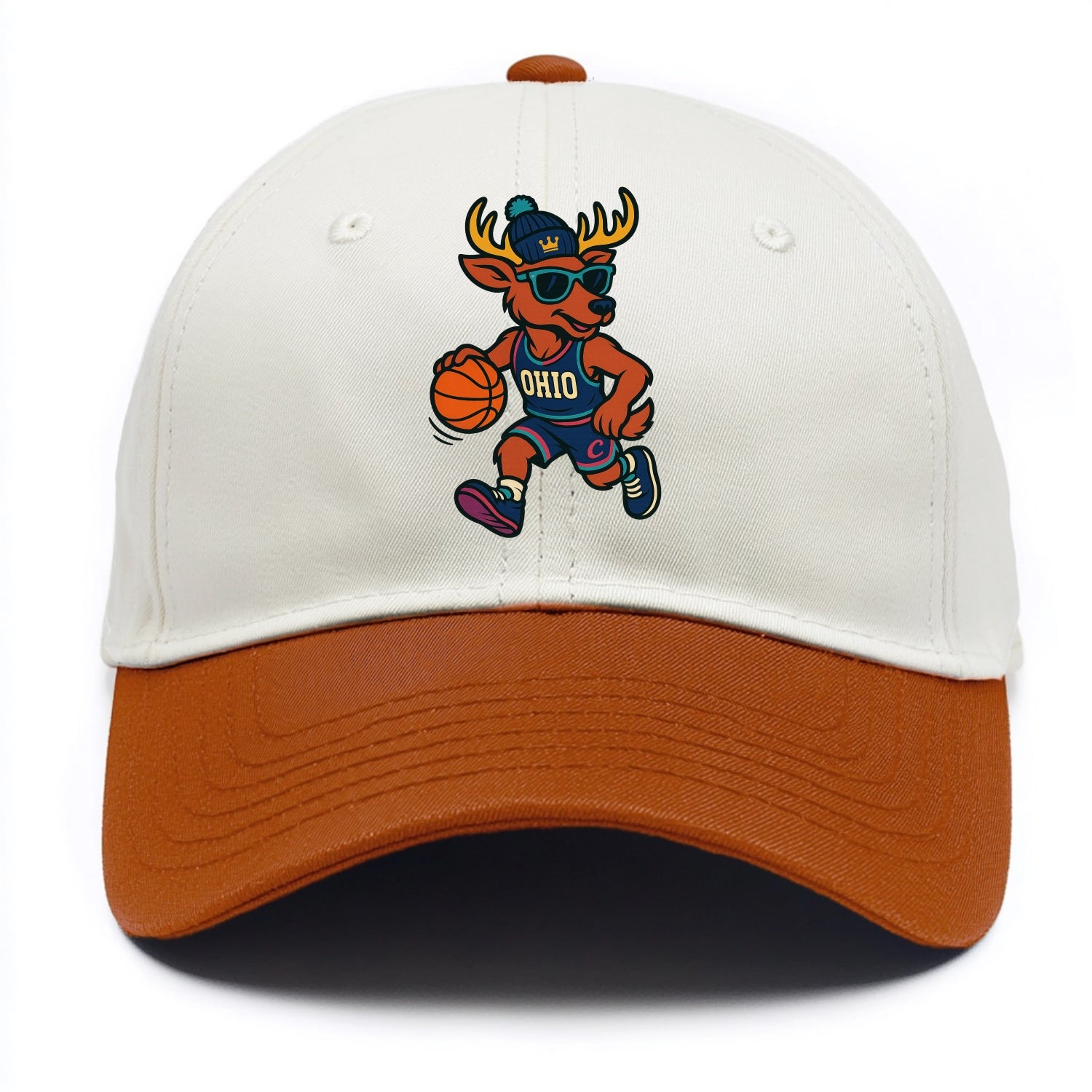 Ohio Deer wearing Cavs beanie with crown patch and wayfarer sunglasses - Two Tone Cap - Orange