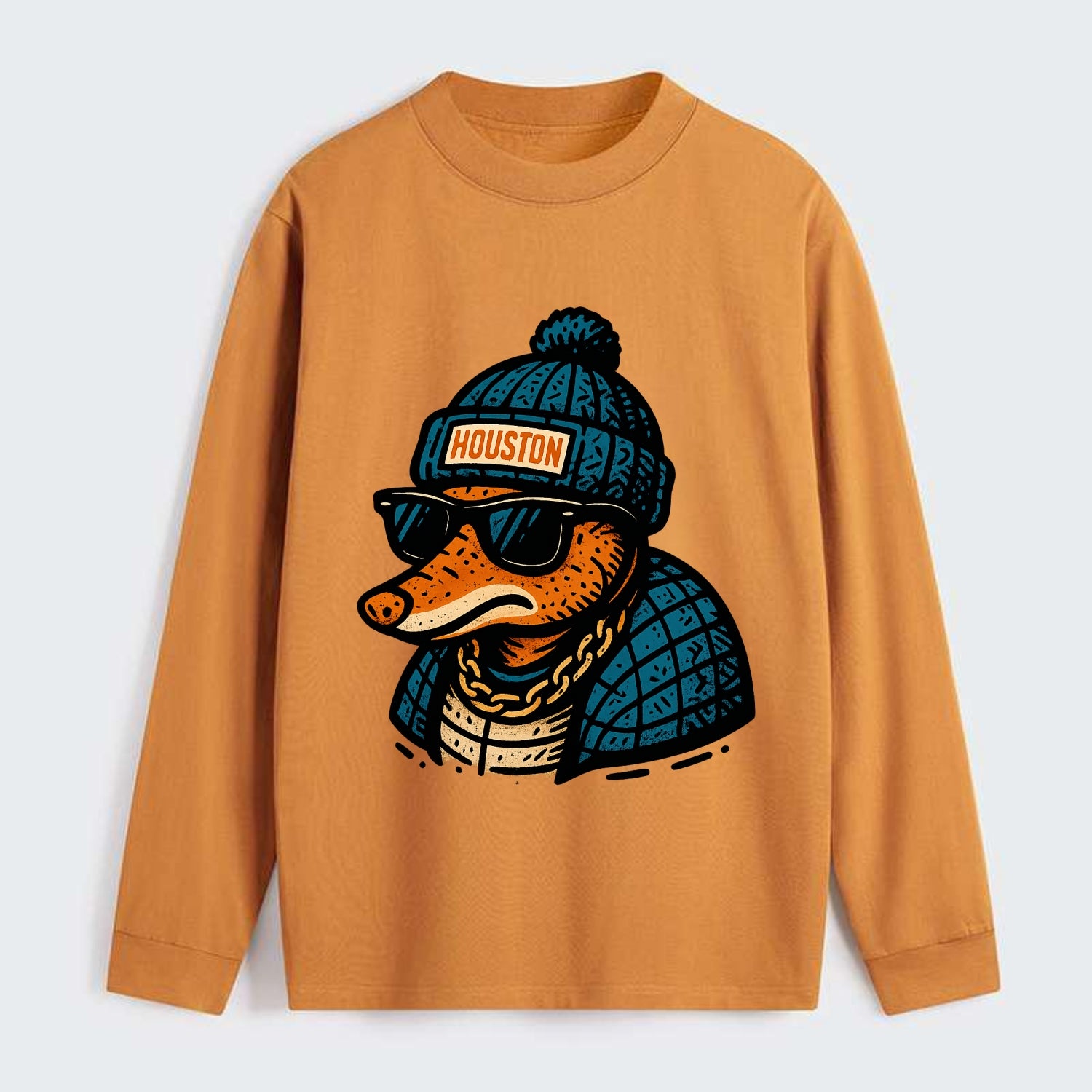 Houston Armadillo wearing Houston beanie with pom pom and wayfarer - Classic Long Sleeve Shirt - Orange