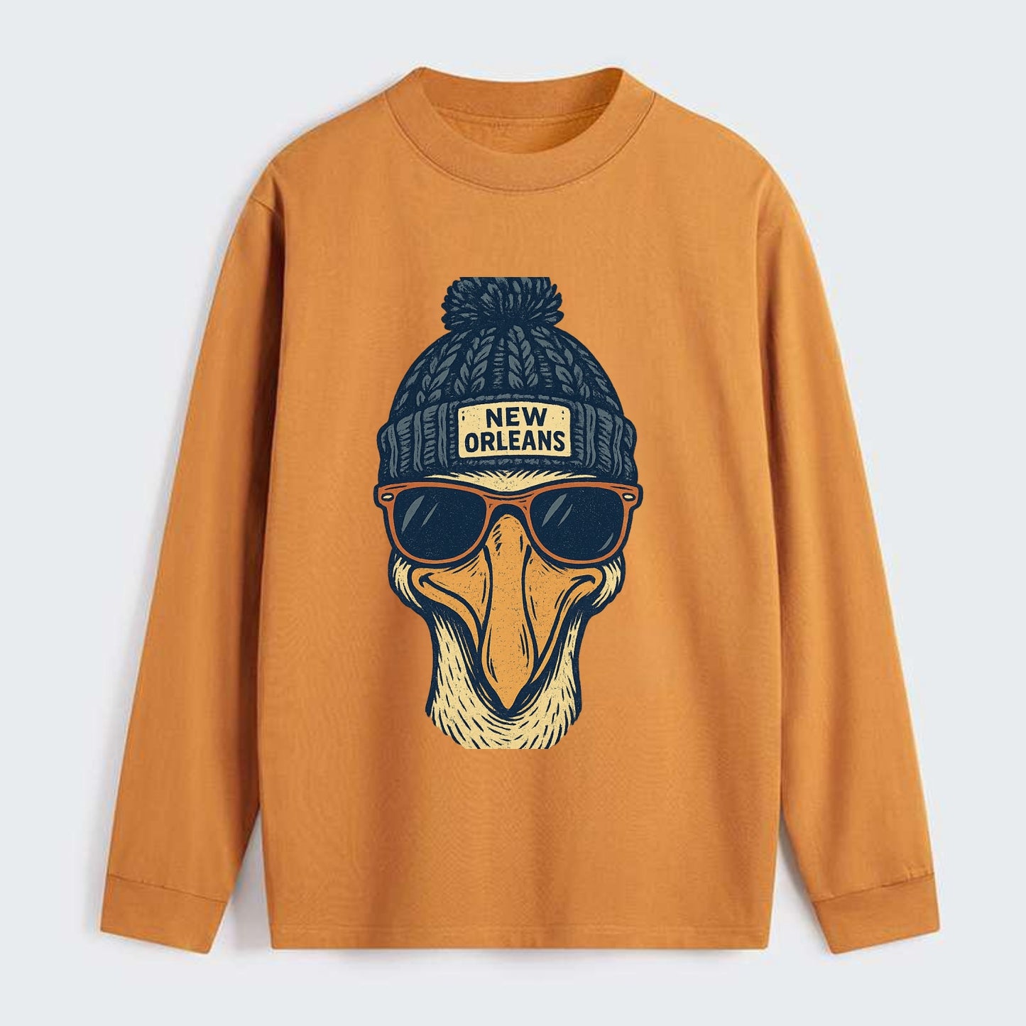 New Orleans Pelican wearing New Orleans beanie with pom pom and - Classic Long Sleeve Shirt - Orange