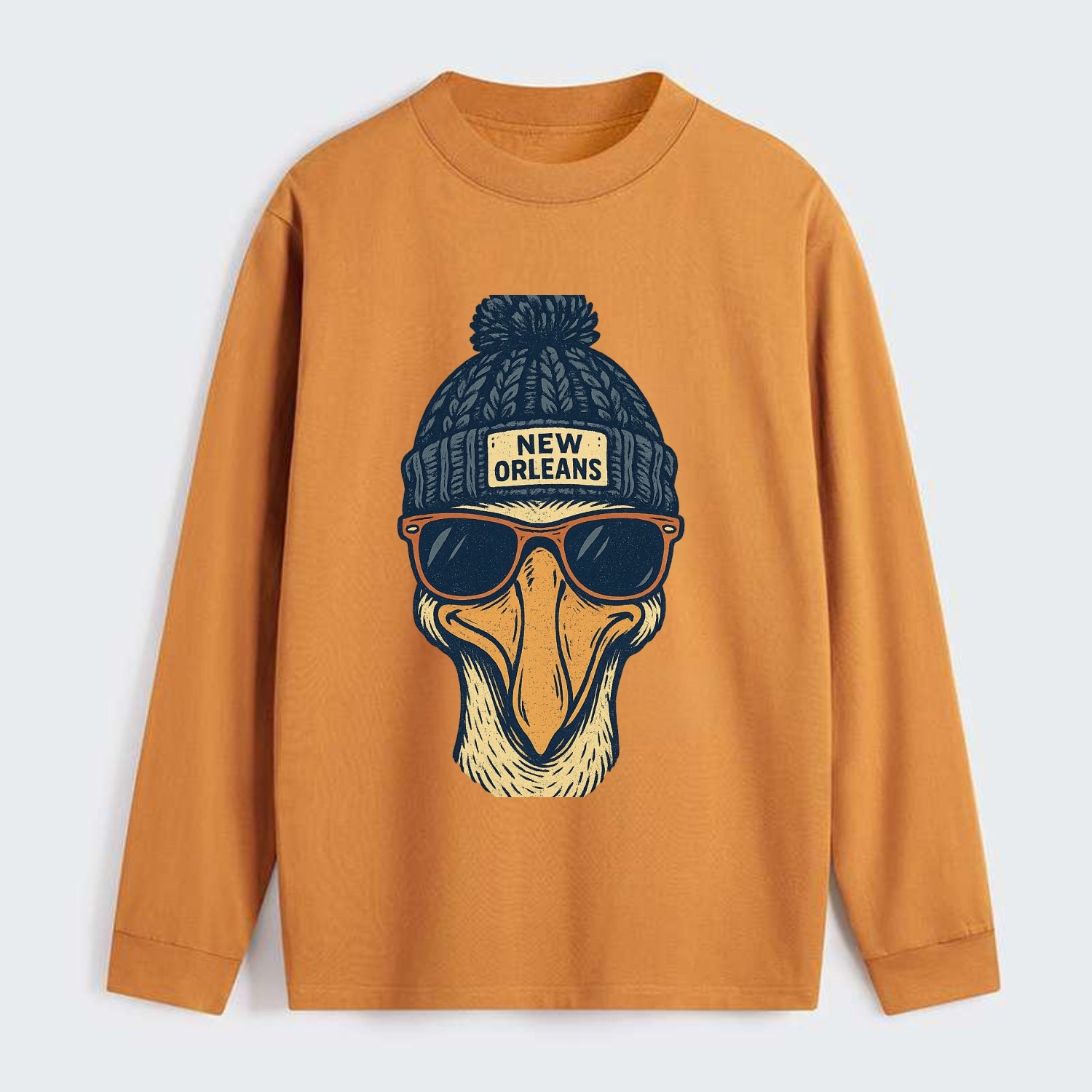 New Orleans Pelican wearing New Orleans beanie with pom pom and - Classic Long Sleeve Shirt - Orange