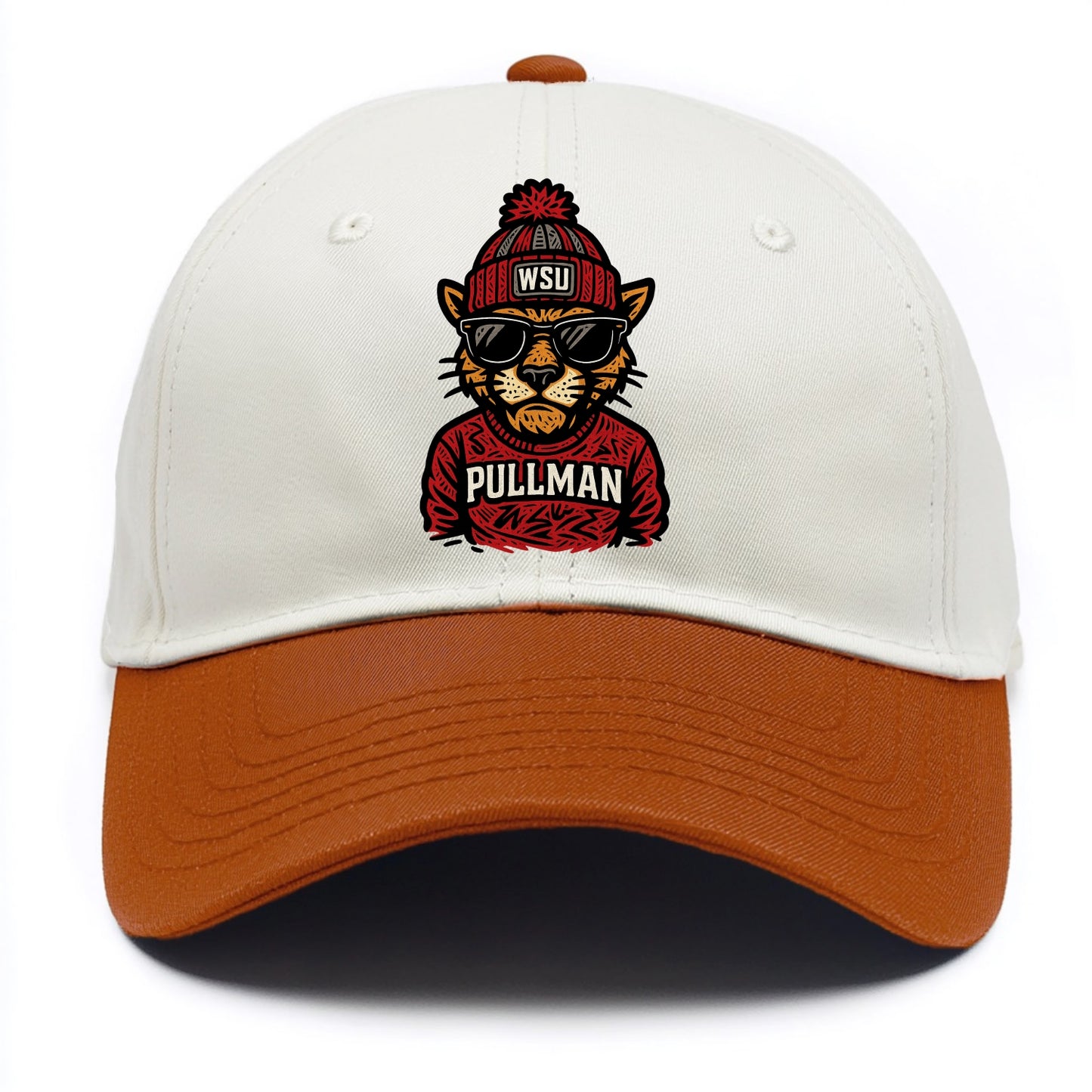 Pullman Cougar wearing Washington State beanie with WSU patch - Two Tone Cap - Orange