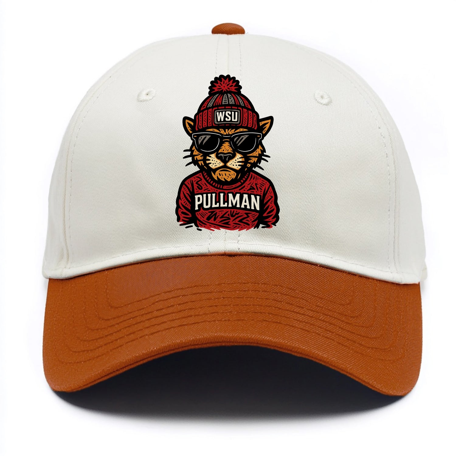 Pullman Cougar wearing Washington State beanie with WSU patch - Two Tone Cap - Orange
