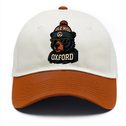 Oxford Black Bear wearing Ole Miss beanie with rebel patch - Two Tone Cap - Orange