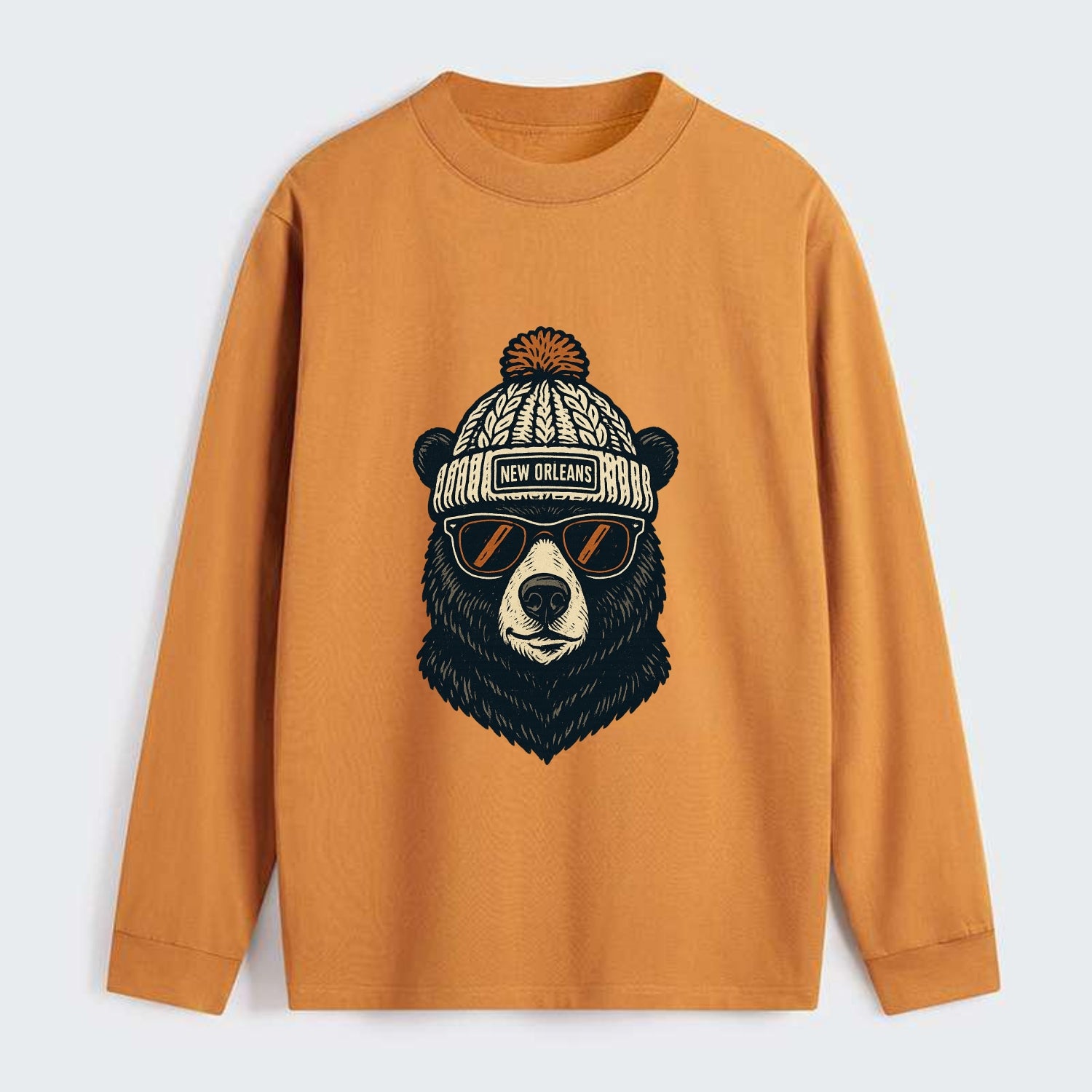 Louisiana Black Bear wearing New Orleans beanie with pom pom and - Classic Long Sleeve Shirt - Orange