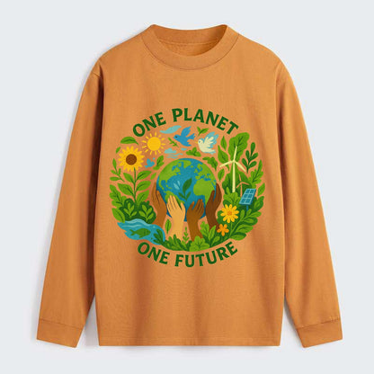 Globe surrounded by hands of all colors working together - "One Planet, - Classic Long Sleeve Shirt - Orange