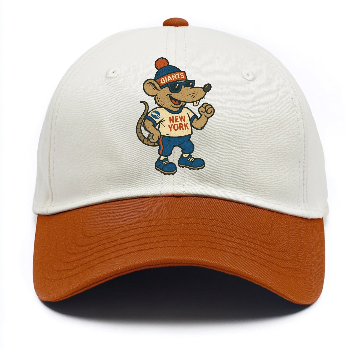 New York Rat wearing Giants beanie with subway patch and wayfarer sunglasses - Two Tone Cap - Orange
