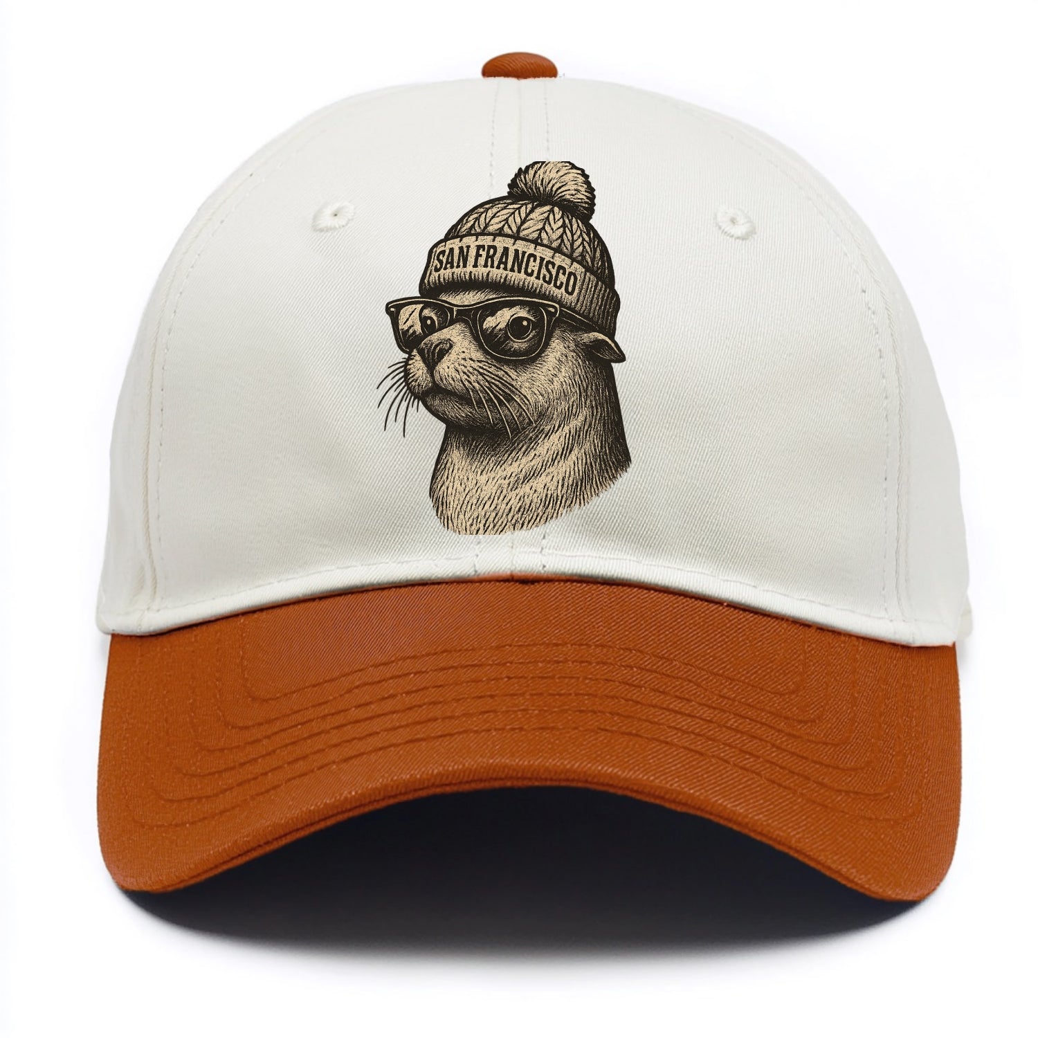 San Francisco Sea Lion wearing San Francisco beanie with pom pom and wayfarer - Two Tone Cap - Orange