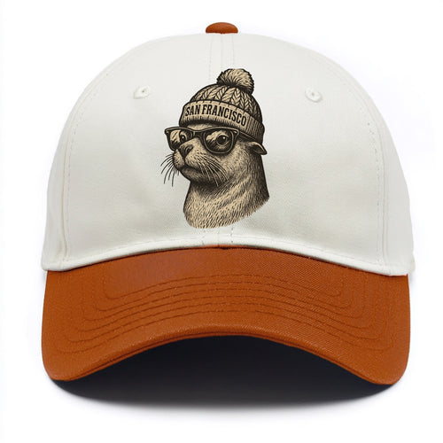 San Francisco Sea Lion wearing San Francisco beanie with pom pom and wayfarer - Two Tone Cap