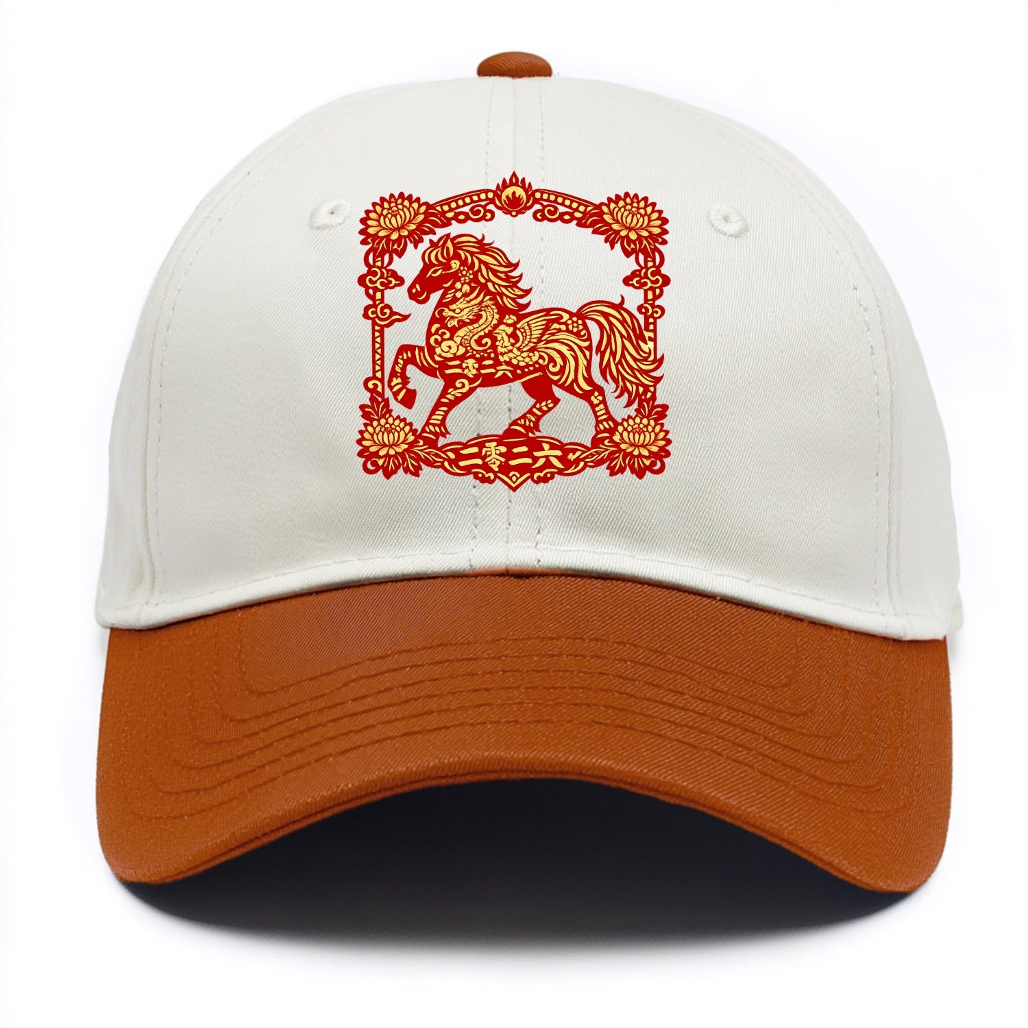 HORSE | Silk style horse design | Gold and silver thread appearance | Phoenix and - Two Tone Cap - Orange