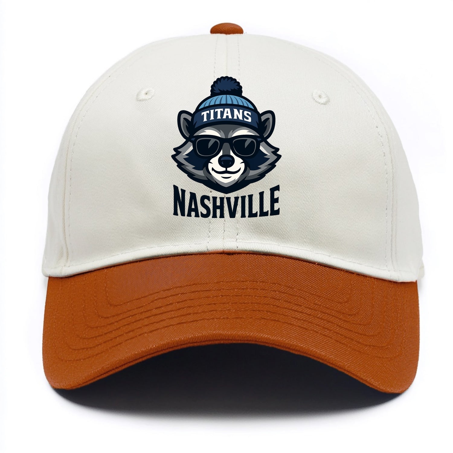 Nashville Raccoon wearing Titans navy and light blue beanie with pom pom and - Two Tone Cap - Orange