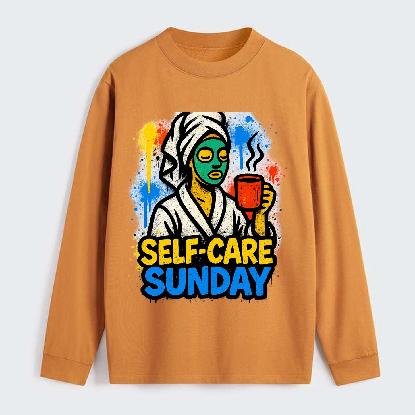 Person in bathrobe with face mask and tea - self-care Sunday ritual, - Classic Long Sleeve Shirt - Orange
