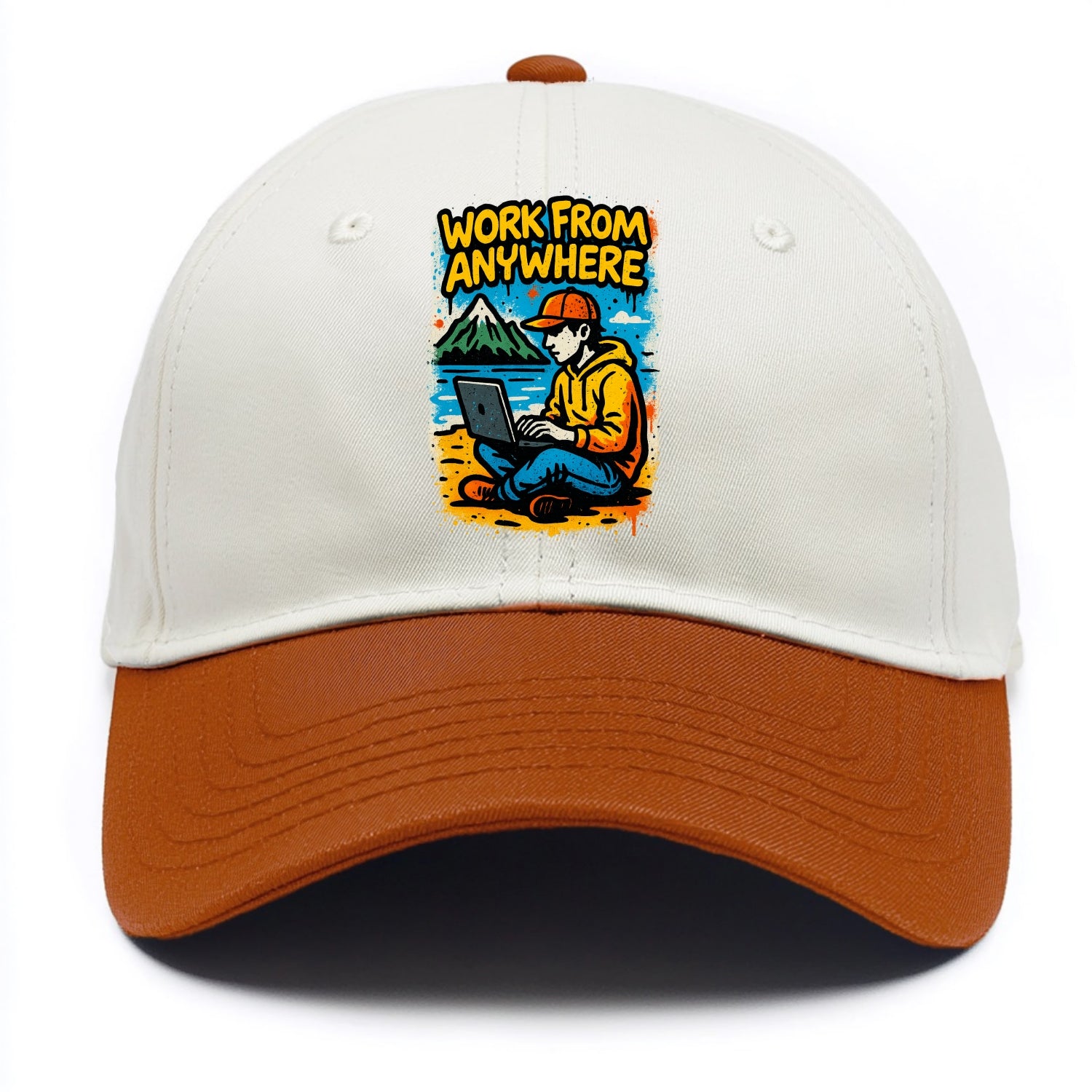 Digital nomad with laptop on beach/mountain - work from anywhere lifestyle, location - Two Tone Cap - Orange