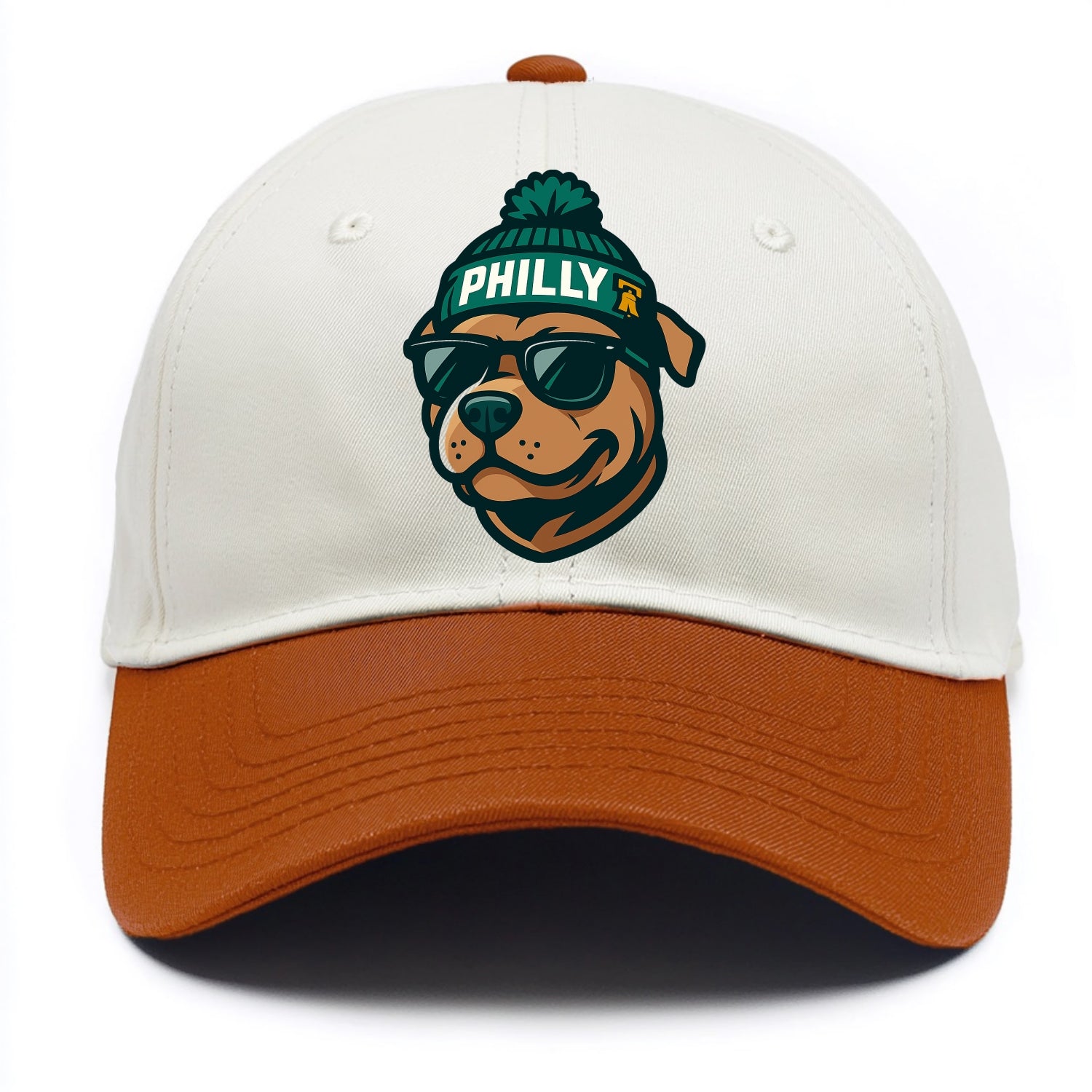 Philly Pitbull wearing Eagles beanie with Liberty Bell patch and wayfarer sunglasses - Two Tone Cap - Orange